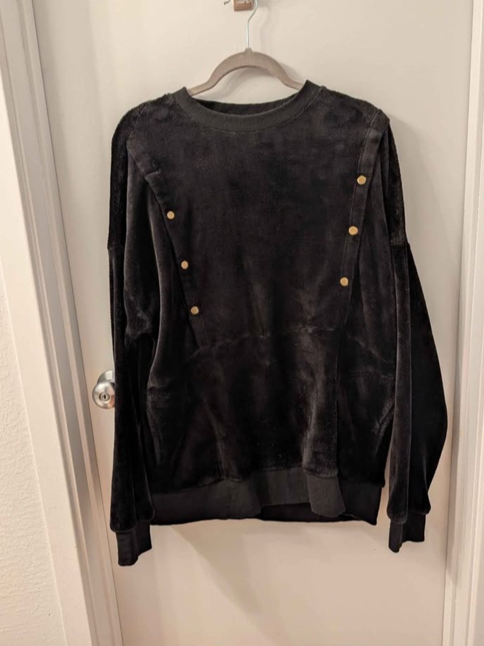 Latched Mama Black Velvet Crewneck Sweater with Gold Stud Accents